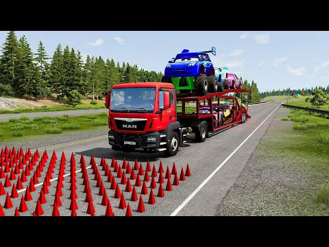 Download MP3 Double Flatbed Trailer Truck vs Speedbumps | Train vs Cars | Tractor vs Train | BeamNG.Drive #8