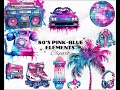 Pink Blue 80s Elements PNG Watercolor Clipart 80s Cassette For Scrapbook Wall Art T-Shirt Design