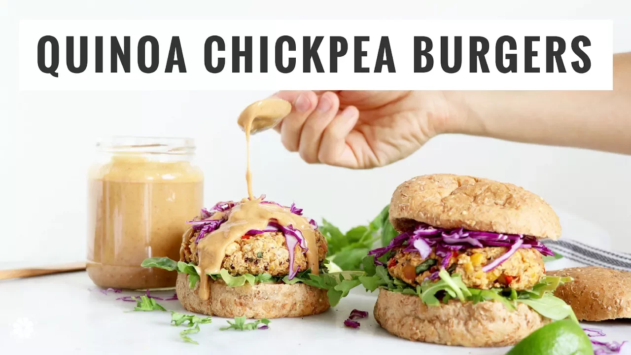THE BEST Chickpea Quinoa Burgers + Valencia Peanut Butter Sauce!