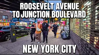 NYC Roosevelt Avenue to Junction Boulevard Evening Walk Queens Summer Nightlife 4K POV 83 F