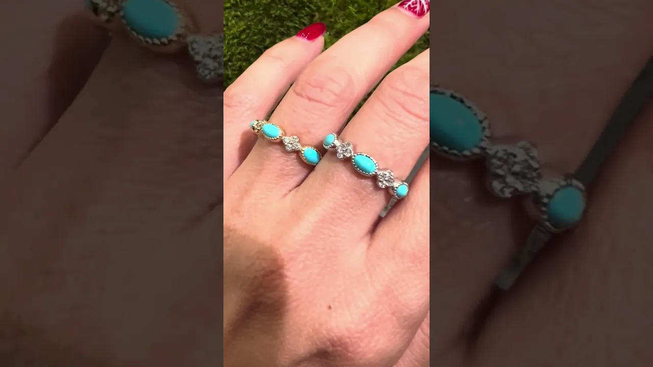 14K Gold Diamond clover and Milgrain Turquoise Stackable Ring