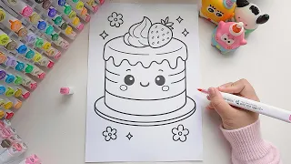 Cute Birt ay Cake Coloring Page Kawaii Dessert Art