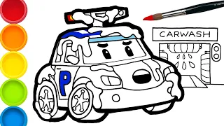 ROBOCAR POLI Car Wash  drawing and coloring for kids/ toddlers. learn colors . Tim Tim TV