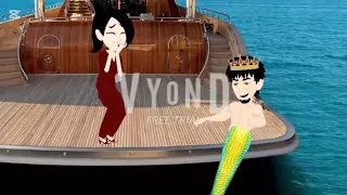 حورية البحر تصميمي وقت غروب الشمس واقف على البحر بعيد 