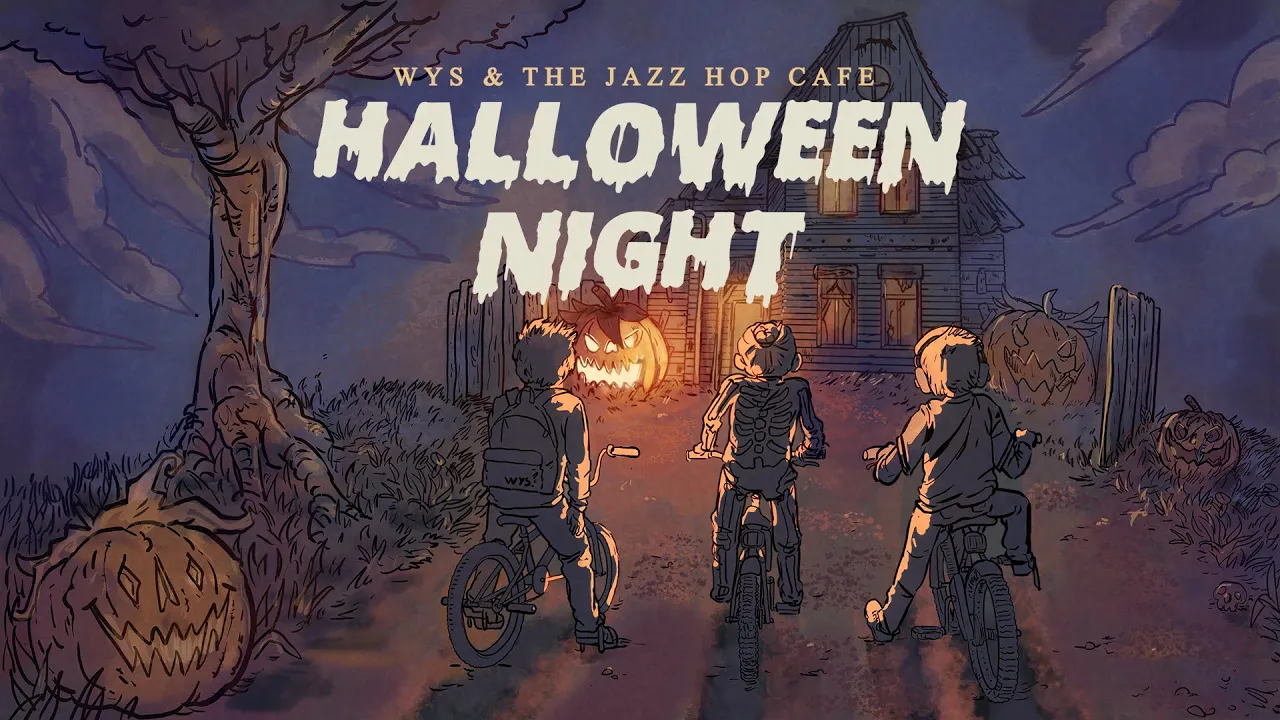 Illustrated costumed children approaching a haunted mansion for Halloween Night