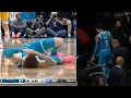 LaMelo Ball ankle injury walking back after hitting a 3 and limps to locker room vs Lakers