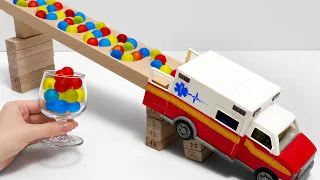 Marble Run Race ☆ Rolling Marbles in HABA Slope, Dump Truck & Garbage Trucks, Ambulance