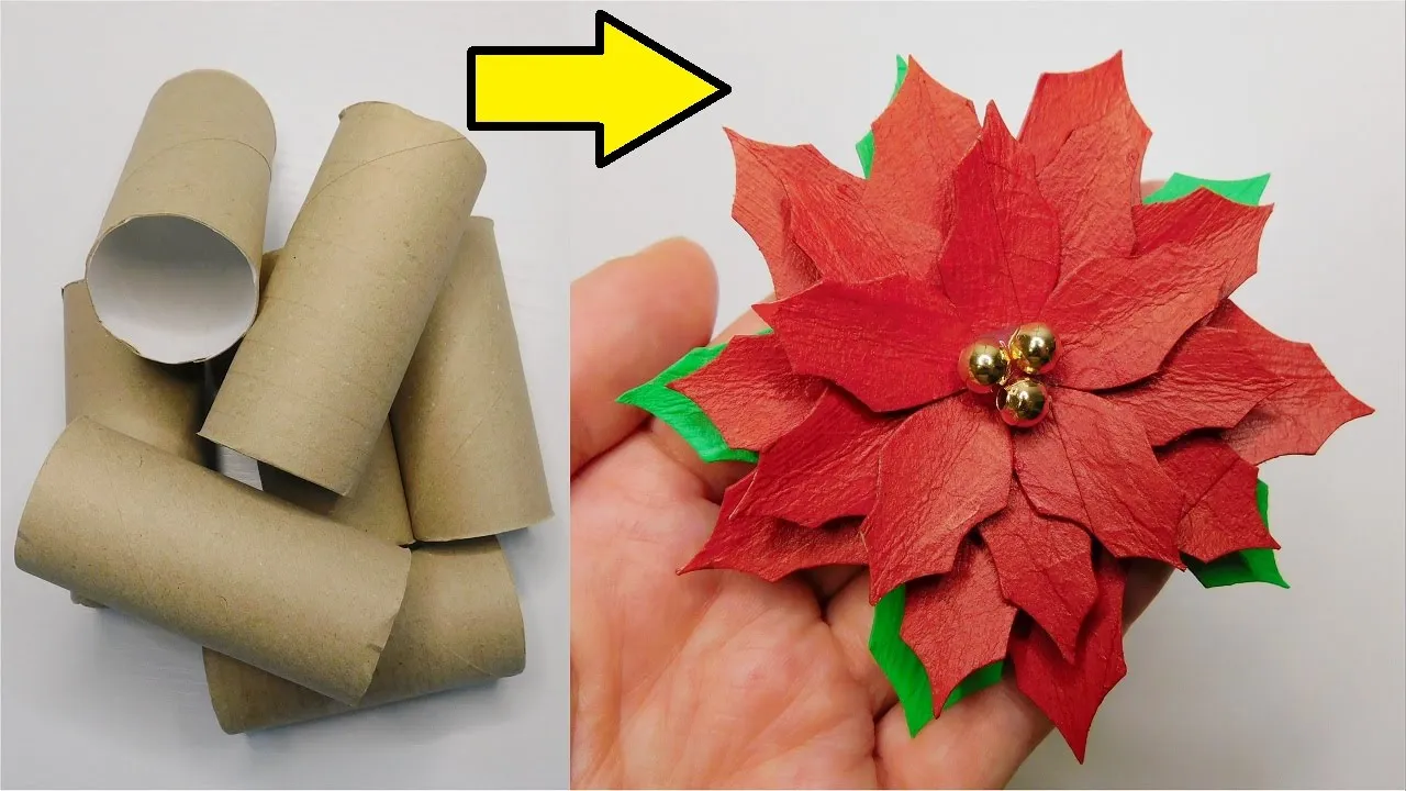 Easy Paper Poinsettia Tutorial / Winter Ornaments DIY / Toilet Paper Rolls Craft Idea