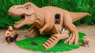 Rescue 4 Puppies From Deep Hole & Build an Epic T Rex Dog House! 🦖🐶
