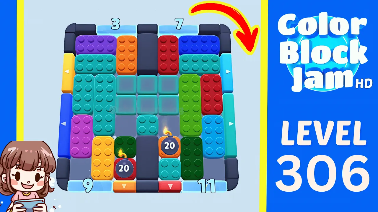 Color Block Jam Level 306 central translucent cyan area, top counters 3 and 7, bottom counters 9 and 11, and lower bomb pieces starting at 20 opening frame