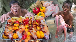Primitive Jungle Cooking Traditional Red Fish Recipe with Unique Flavors  Outdoor Cooking Adventure