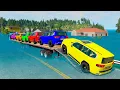 Lagu Triple Flatbed Trailer McQueen Transportation with Truck - Speedbumps vs Cars vs Train - BeamNG #255