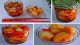 من ألذ المخللات الكورية مخلل البصل طريقته سهلة جدا وطعمه ولا أطيب 