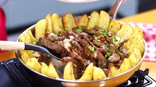FAÇA TIRAS DE CARNE ASSIM! REFEIÇÃO COMPLETA EM 30 MINUTOS - CARNE COM CREME DE QUEIJO E BATATAS