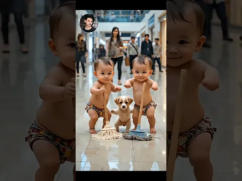 Twin Babies Cleaning Mall Floor with Puppy | Cute Baby Dance & Funny Moments. #shorts #short #funny🔥