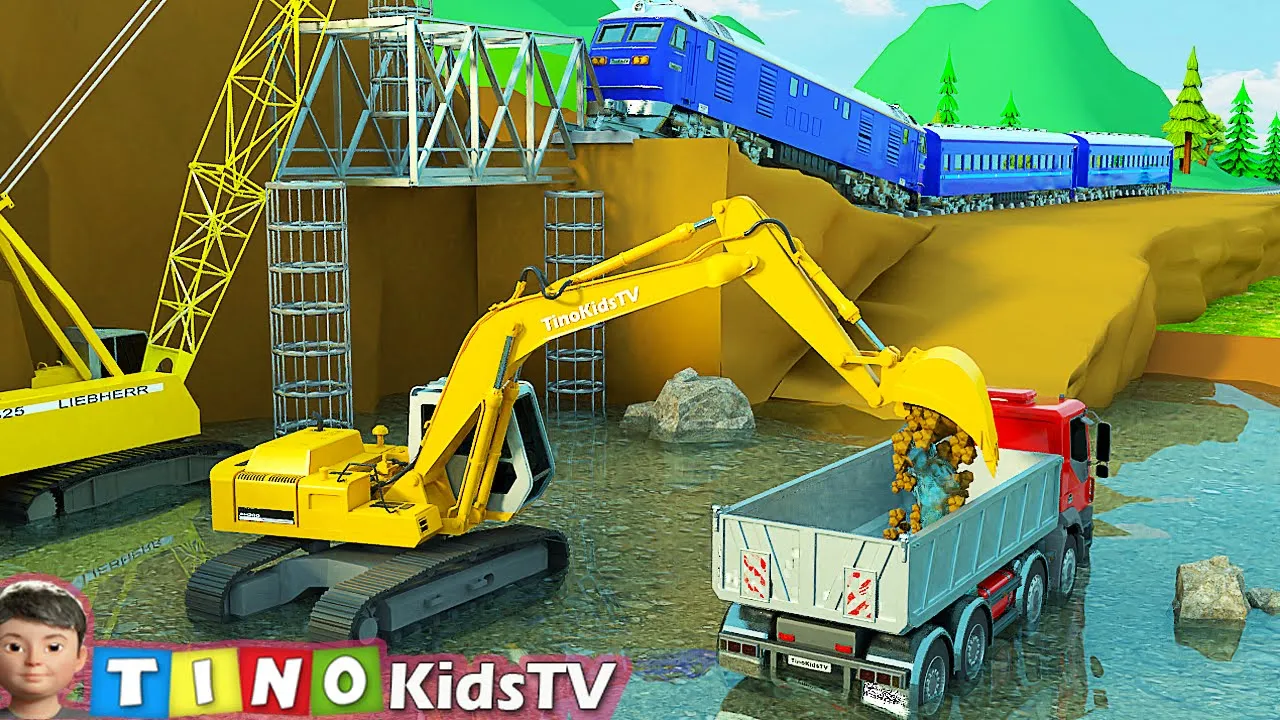 Excavator Crawler Crane and Construction Trucks for Kids | Railway Bridge Repair Excavator Crawler Crane and Construction Trucks for Kids | Railway Bridge Repair