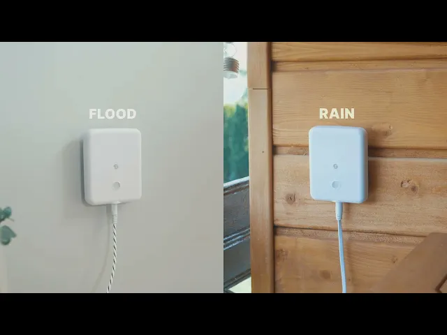 Датчик за наводнение с батерия бял Shelly Flood Gen4 - 071714, SHELLY, показващ режим на работа Flood и Rain.