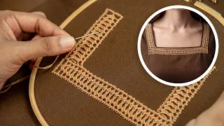 How to Embroider a Beautiful Woven Border & Square Neckline Motif
