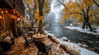 Autumn Meets Winter Riverside Porch Campfire Snowfall Nature Sounds 