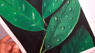 realistic leaves with water drops using oil pastels