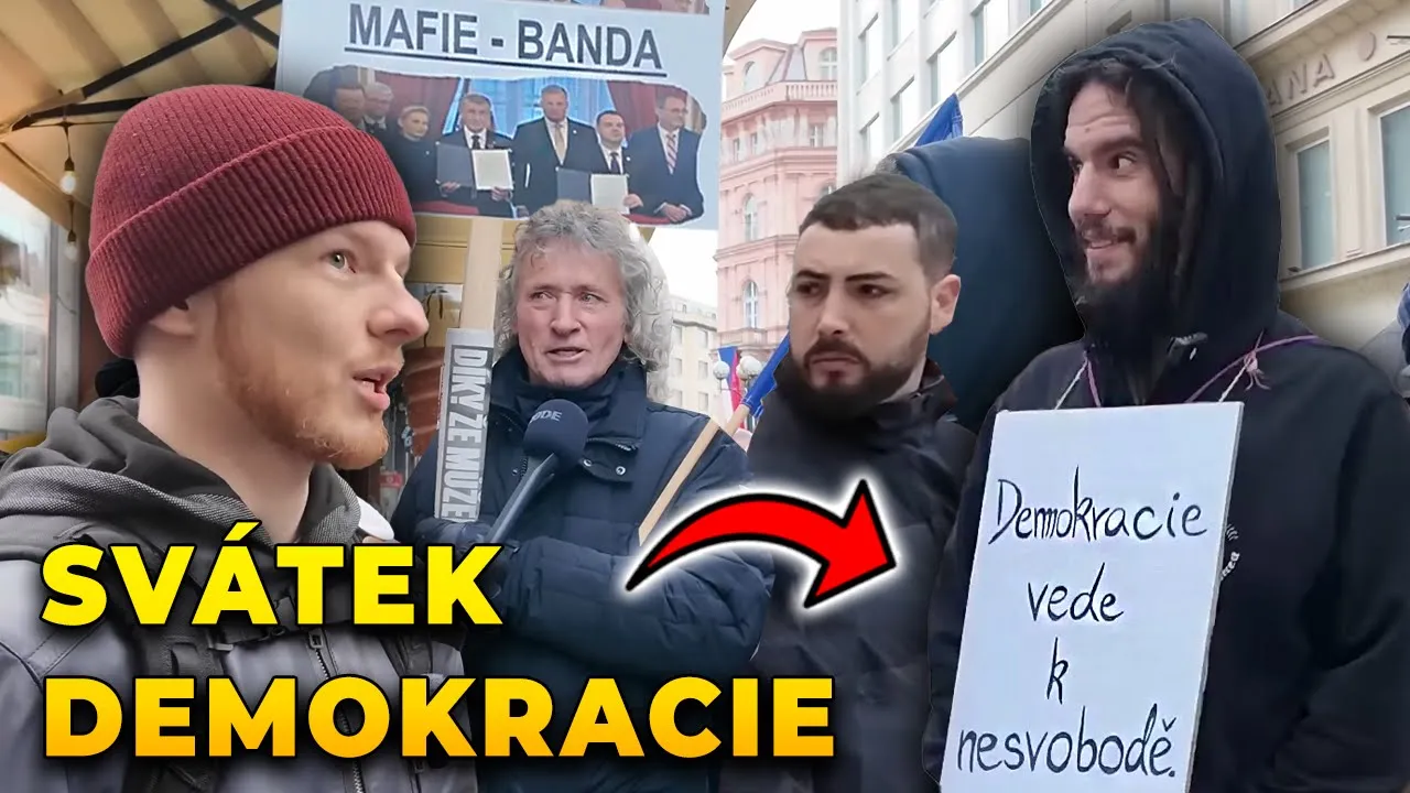 Tim a Urza debatují s lidmi o demokracii na Národní třídě Tim a Urza debatují s lidmi o demokracii na Národní třídě