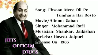 ehsaan mere dil pe tumhara hai dosto lyrics mohd rofi gaban mohdrafi hitsofficiallyrics