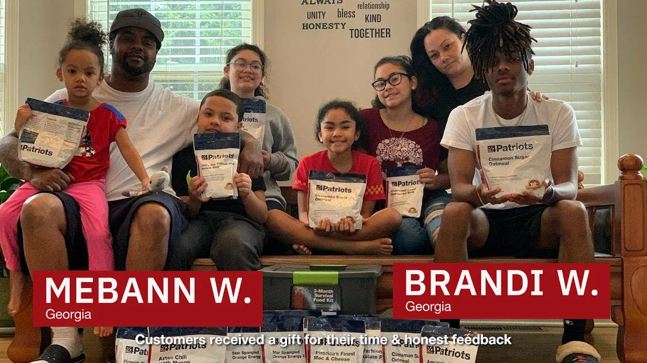Customers Mebann W. and Brandi W. from Georgia share their family's experience with 4Patriots survival food products, showcasing emergency preparedness at home.