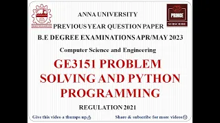 GE3151 PROBLEM SOLVING AND PYTHON PROGRAMMING ANNA UNIVERSITY QUESTION PAPER 2023