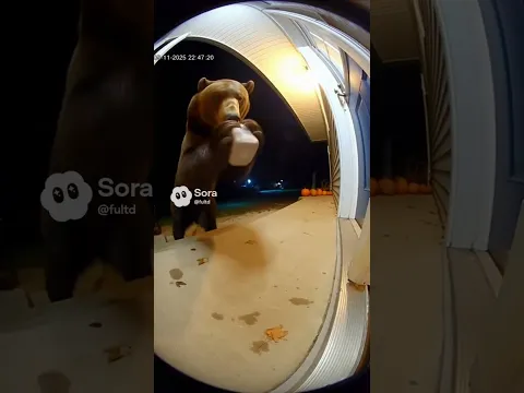 A gaint brown bear walks into a house and drinks chocolate milk.