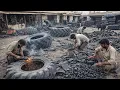 Lagu Old and Rusted Heavy Machinery Tyres Cut into Small Pieces for Small Vehicles by Afghan Mechanics