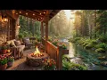 Cozy Spring Riverside Cabin Porch with Crackling Fire Pit 🌸🔥 Gentle Water Sounds & Nature Ambience