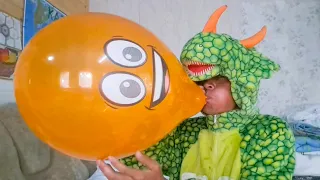 We inflate colorful balloons and pop them.