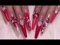 Red Bling Acrylic Nails XXL Coffin How To Tutorial Easy for Beginners