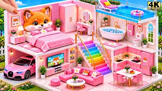 🦊🌈 Build Pink Fox House with Rainbow Stairs, Rooftop Pool & Car Garage ❤️ | DIY Miniature House