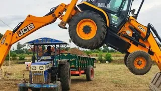 JCP and Tractor Videos | JCB stunt with Swaraj 744 FE stuck fully loaded trolley pulling