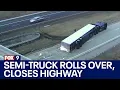 Semi-truck rolls over near Owatonna temporarily closing highway