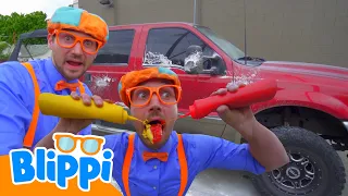 Washing the RED car 🫧🚗🫧 Blippi Vehicles | Learning Videos for Kids