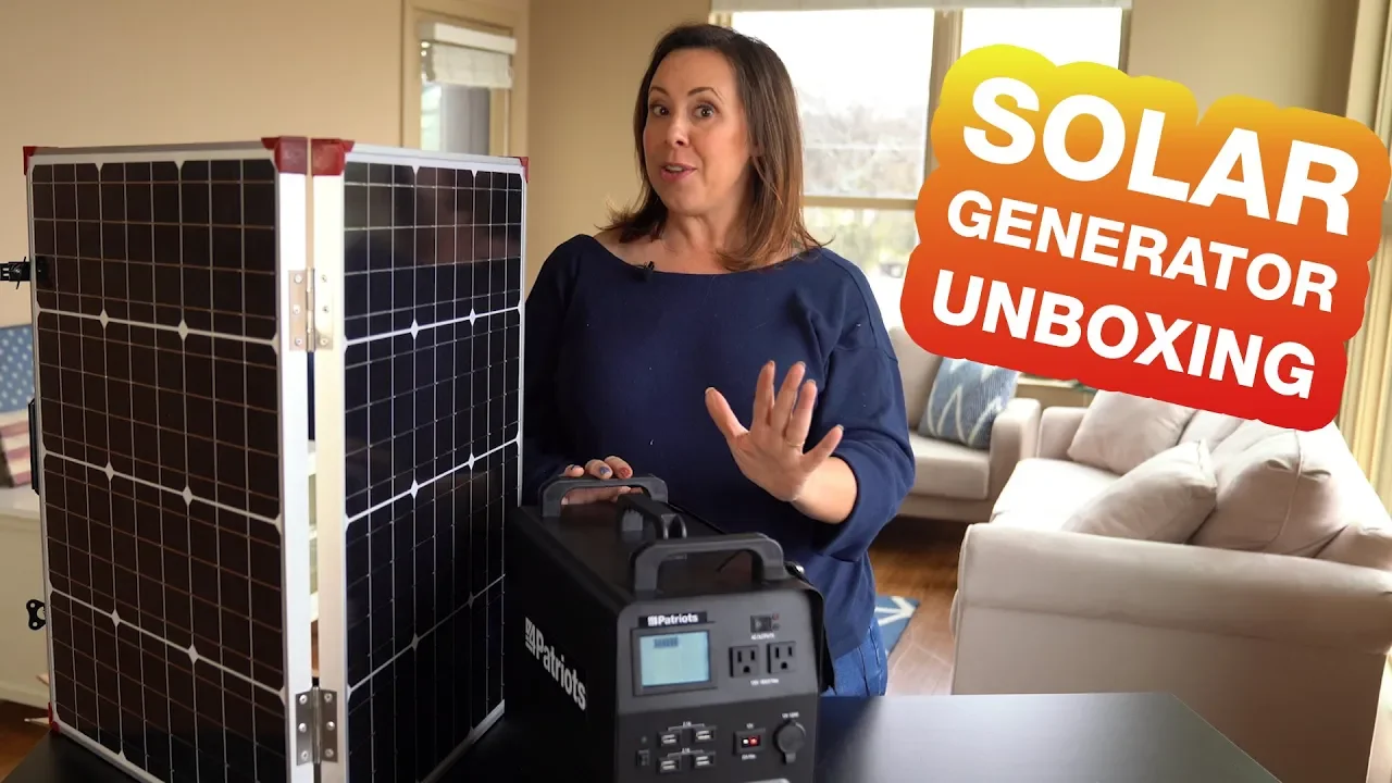 Woman in a living room setting presents a 4Patriots solar generator and foldable solar panel, with large on-screen text reading “Solar Generator Unboxing.” The generator display shows power options and control panel features.