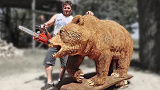 REAL SIZE WOODEN BEAR,  amazing chainsaw wood carving