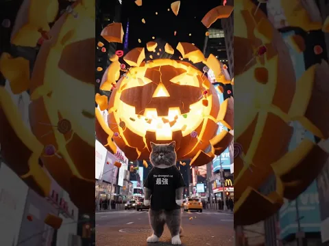 The Strongest Cat in NYC destroys giant Halloween pumpkin! ππ₯#cat #halloweencostume #shorts