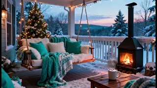 Cozy winter porch fireplace ambience teal blue aesthetic relaxing Christmas background