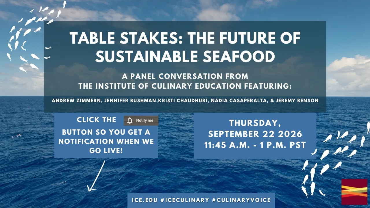 Industry leaders discussing sustainable seafood practices at an Institute of Culinary Education panel.