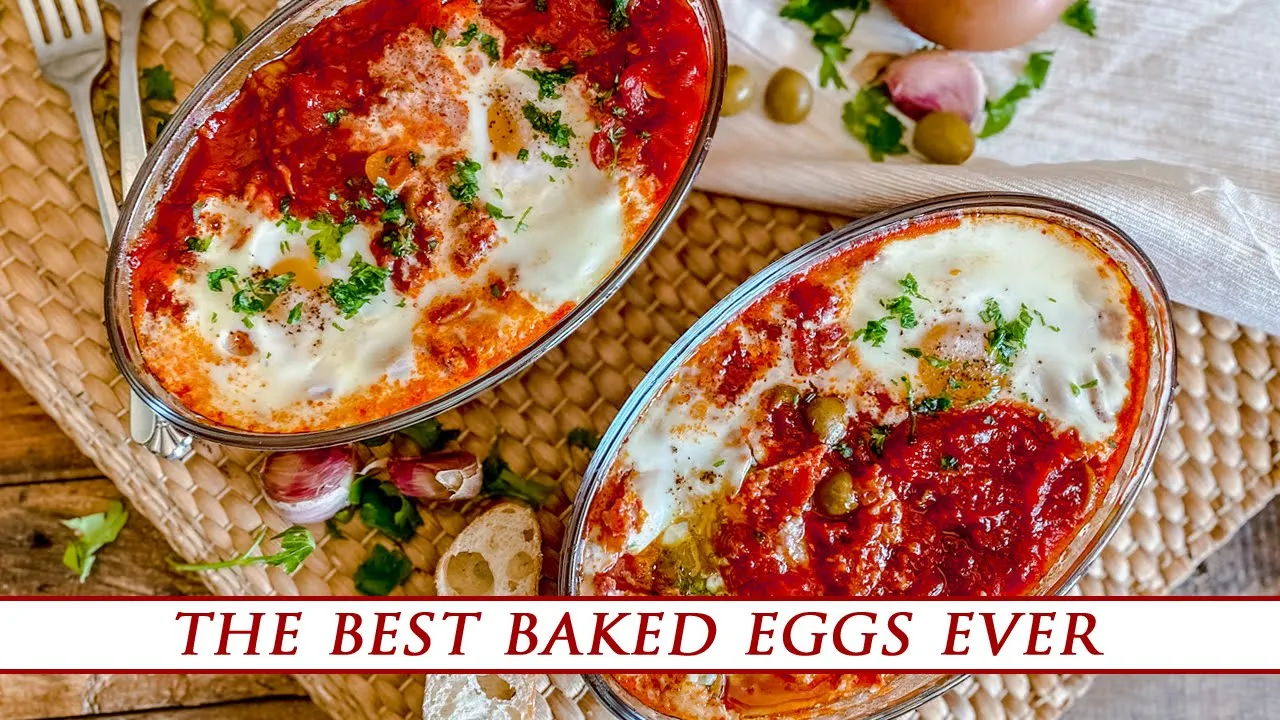 Baked SPANISH EGGS with Tomatoes & Olives