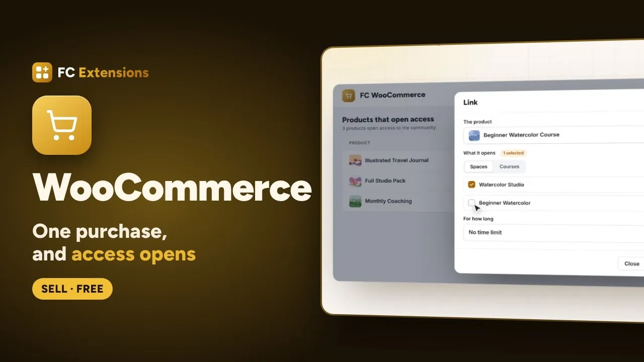 WooCommerce for FluentCommunity: open spaces and courses on purchase