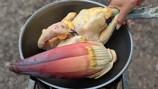 Delicious Roasted Chicken with Banana Flower / Chicken Cooking with Coconut