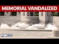 WWII Memorial fountain overflows with bubbles vandalized with paint