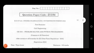 GE3151 Problem Solving and Phython Programming Nov Dec 2023 Anna University old qustions