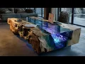 A man is making a unique table from epoxy resin and wood
