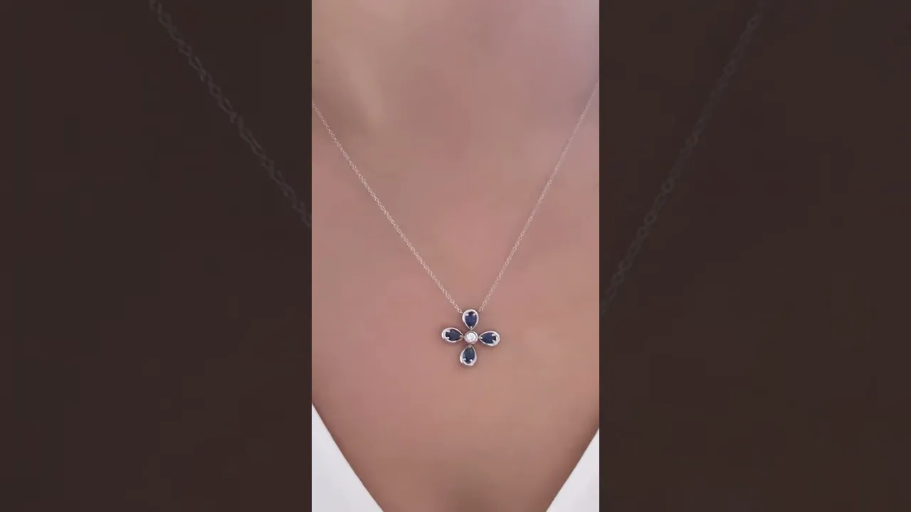 14K White Gold  Blue Sapphire & Diamond Flower Pendant