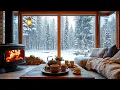 Snowfall at Cozy Winter Cabin Ambience Slow Piano Music Fireplace Sounds for Relaxation